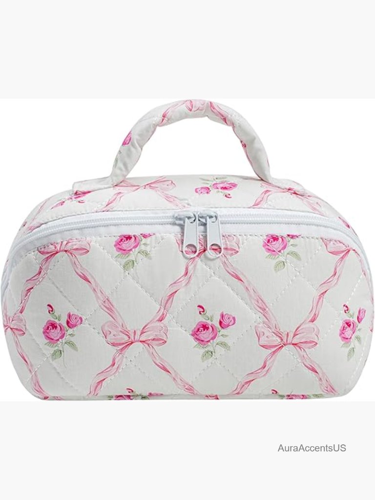 Large Quilted Travel Makeup Bag With Handle & Zipper, Open Flat Organizer